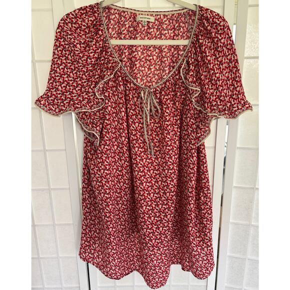 Max Studio Red Floral Peasant Blouse XXL Ruffle Tie Neck Balloon Sleeve Boho Top - Picture 1 of 9